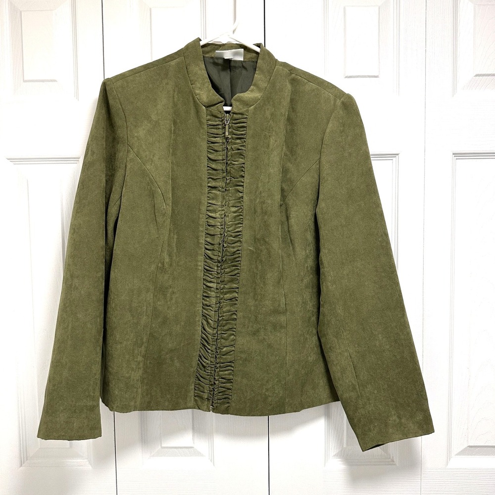 Dressbarn Women Olive Green Soft Suede Jacket Full Zip Front Lined Ruffles